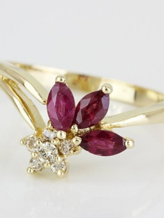 Jewelry | 14k Yellow Gold Diamond Marquise Ruby Flower Ring | Poshmark